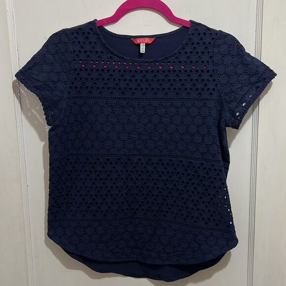 Joules Women's Size 4 Navy Open Weave Pull On T Shirt Blouse - Picture 4 of 8